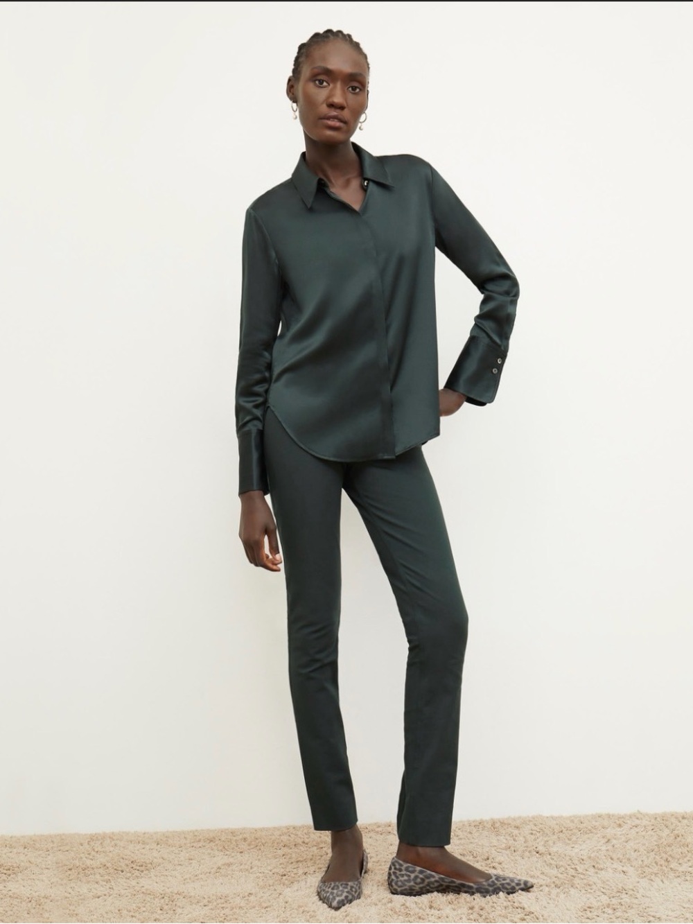 MM Lafleur Tatum Silk Charmeuse Button Down Top - XL - Hunter Green
